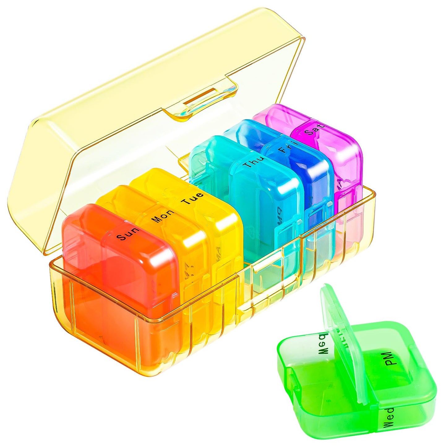 Zoksi Weekly Pill Organizer 2 Times a Day, Rainbow 7 Day Pill Box, Daily Am Pm Pill Organizer, Portable Case for Fish Oils, Vitamin, Supplement