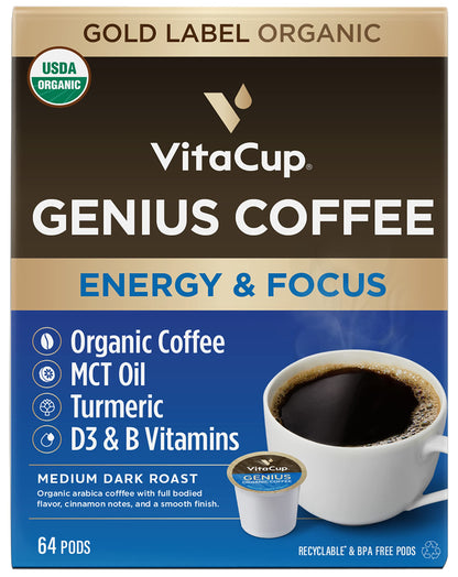 VitaCup Mushroom Coffee Pods - Boost Focus & Immunity with Lions Mane, Chaga, Vitamins, for Memory & Clarity, Recyclable K-Cup Pods, 16 Ct