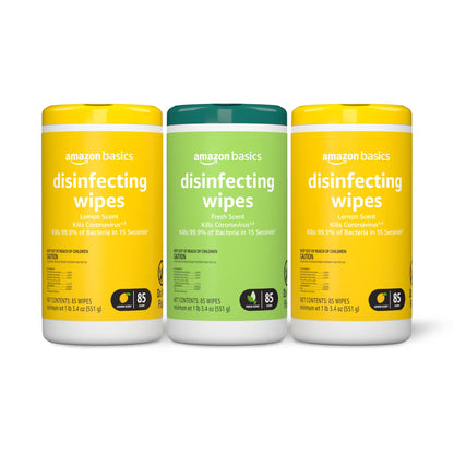 Amazon Basics Disinfecting Wipes, Lemon Scent, for Sanitizing, Cleaning & Deodorizing, 255 Count (3 Packs of 85)