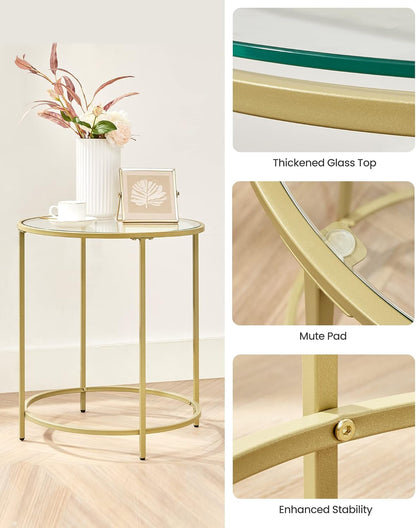 VASAGLE Round Side Table, Glass End Table with Metal Frame, Gold Coffee Table with Modern Style, for Living Room, Balcony, Bedroom, Gold Color