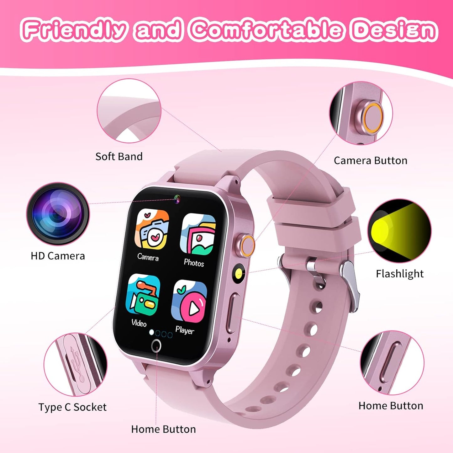 Kids Smart Watch Gift for Girls Age 5-12, 26 Games HD Touch Screen Watches with Video Camera Music Player Pedometer Flashlight 12/24 hr Educational Toys Birthday Gifts for Girls Ages 7 8 9 10