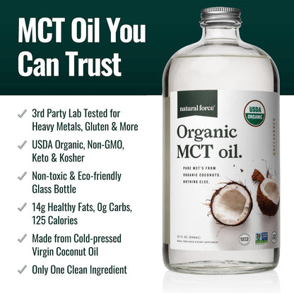 Natural Force 100% Virgin Coconut MCT Oil - 16oz Glass Bottle, Certified Keto, Paleo, Kosher, Vegan & Non-GMO