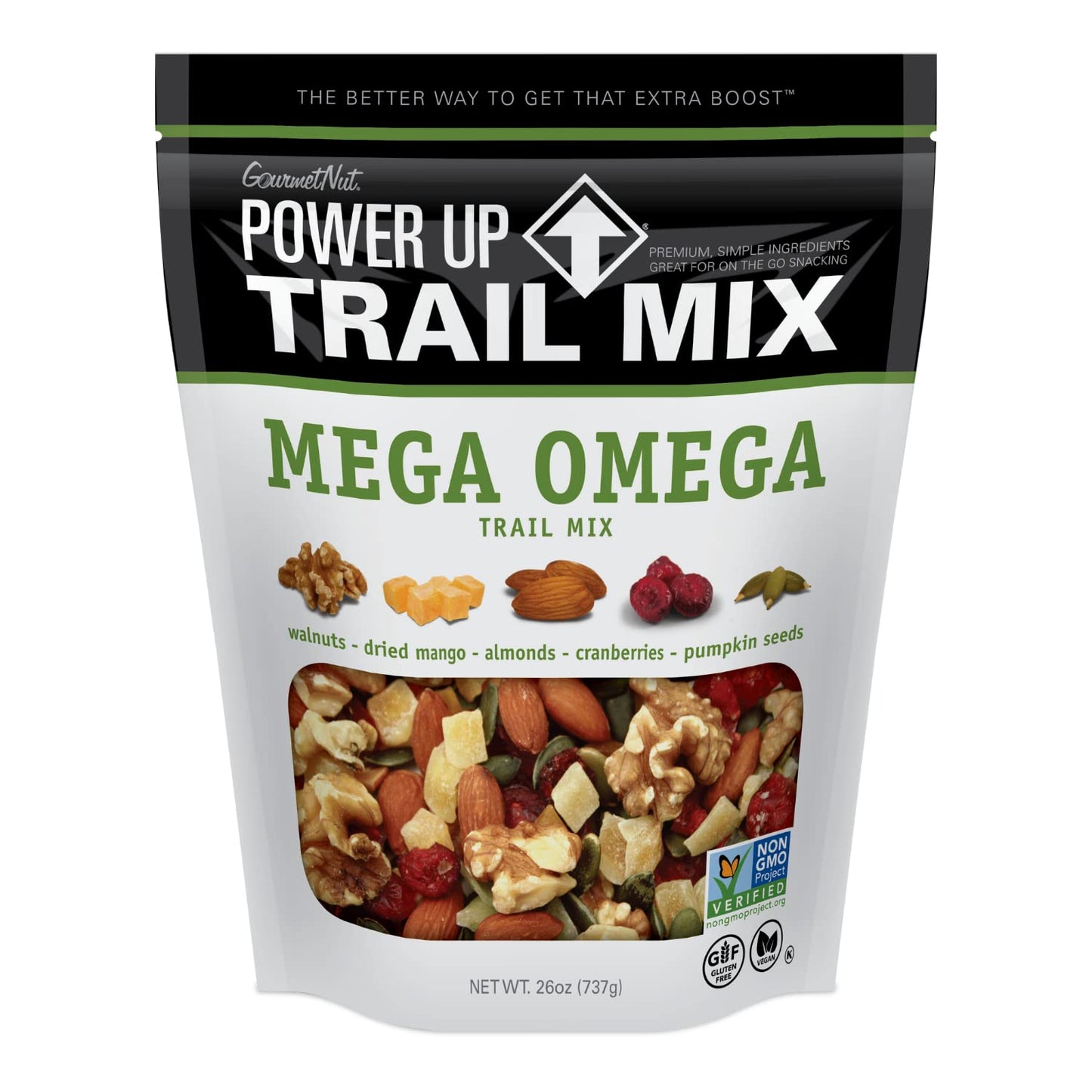 Power Up Trail Mix, Mega Omega Trail Mix, Non-GMO, Vegan, Gluten Free, No Artificial Ingredients, Gourmet Nut, 14 Ounce Bag