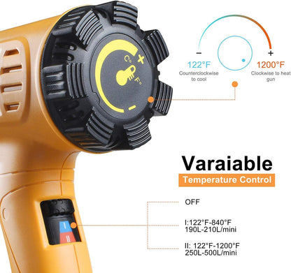 SEEKONE Heat Gun 1800W 122℉~1202℉（50℃- 650℃）Fast Heating Heavy Duty Hot Air Gun Kit Variable Temperature Control Overload Protection with 4 Nozzles for Crafts, Shrinking PVC, Stripping Paint(5.2FT)