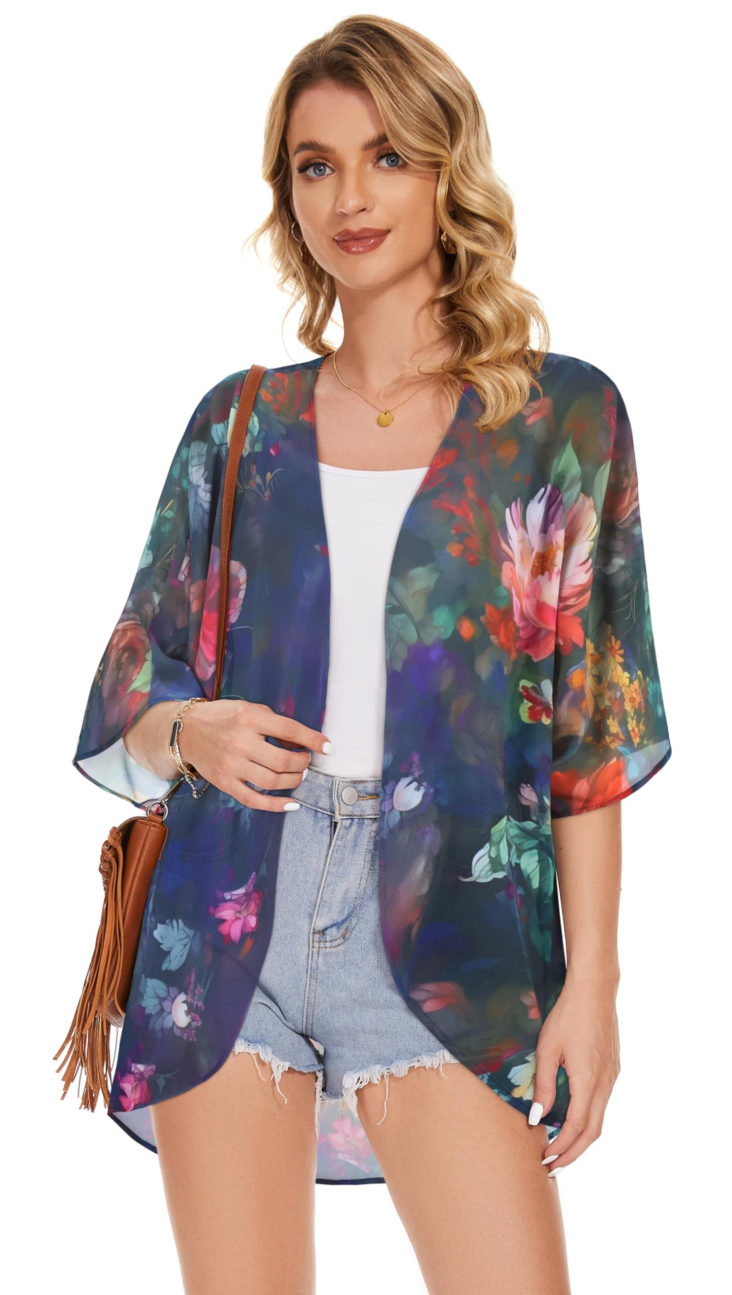 Women's Floral Print Puff Sleeve Kimono Cardigan Loose Cover Up Casual Blouse Tops