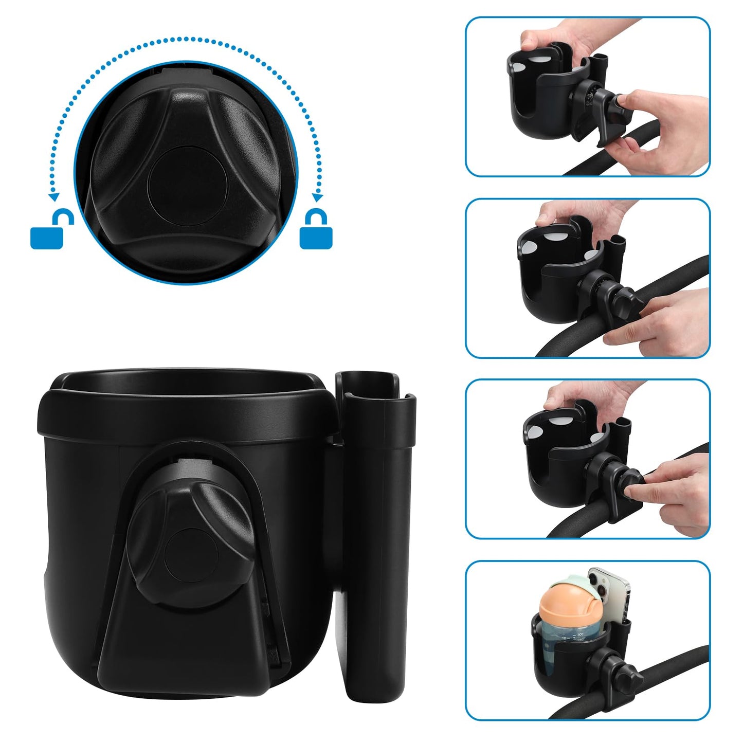 Accmor Stroller Cup Holder with Phone Holder, Bike Cup Holder, Universal Cup Holder for Uppababy Nuna Doona Strollers, 2-in-1 Cup Phone Holder for Stroller, Bike, Wheelchair, Walker, Scooter