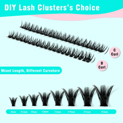 VAVALASH DIY Lash Extension Kit 280 Clusters Individual Lashes Kit 30D 40D 0.07D-10-16mm Lash Clusters, Lash Bond and Seal, Lash Tweezer for DIY Eyelash Extension at Home（Kit-30D+40D-0.07D-10-16MIX）