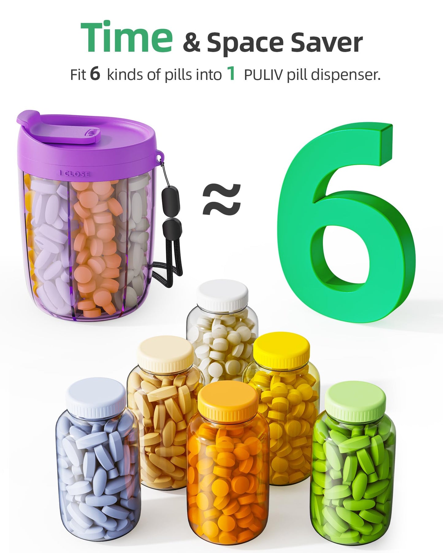 PULIV Large Supplement Organizer Bottle, Holds Plenty of Vitamins in 1 Monthly Pill Dispenser with Anti-Mixing & Wide Openings Design, Easy to Retrieve Meds, Includes 20 Pcs Stick-on Labels