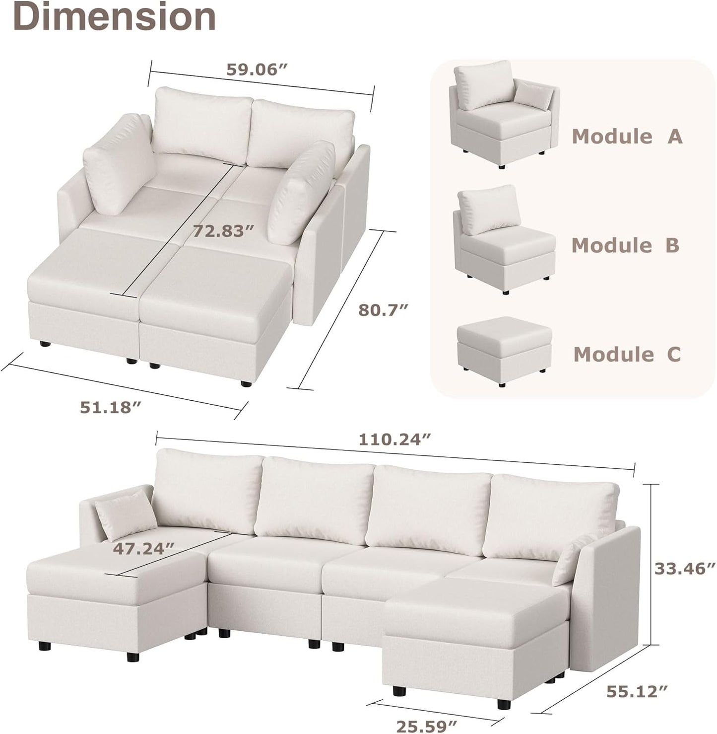 Modular Sectional Sofa with Storage, Convertible 6 Seat Sectional Couches for Living Room, U Shaped Sectional Sofa with Chaise, Comfy Sectional Sleeper Sofa, High Supportive Sponge-Beige