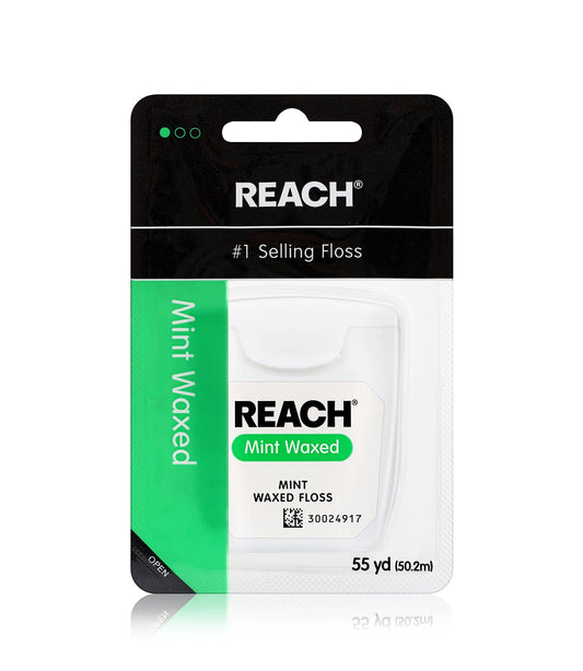 REACH Waxed Dental Floss, Mint, Plaque Remover, Shred Resistant, Extra Wide Cleaning, Gentle on Gums & Teeth, PFAS-Free, Oral Care, for Adults & Kids, 55yd, 1 Pack