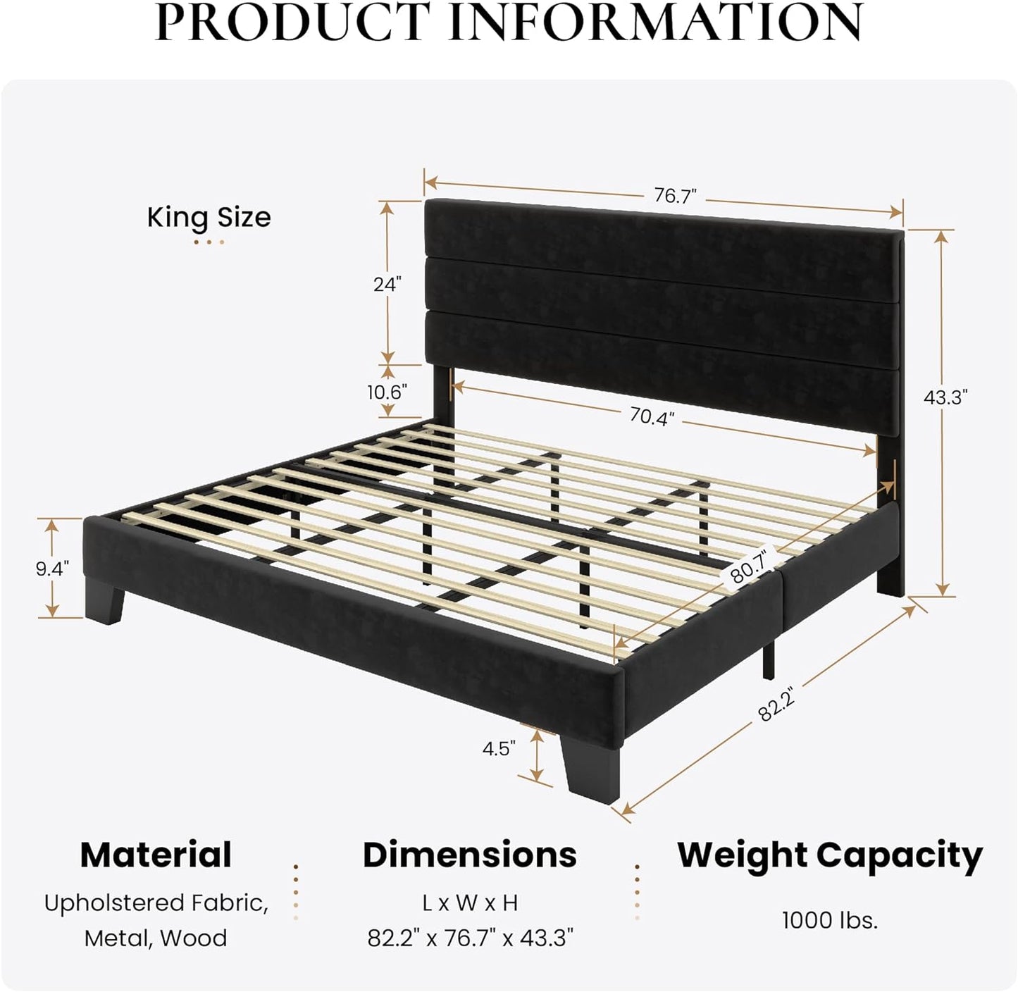 SHA CERLIN King Platform Bed Frame with Velvet Upholstered Headboard, Mattress Foundation with Strong Wooden Slats Support, No Box Spring Needed, Black