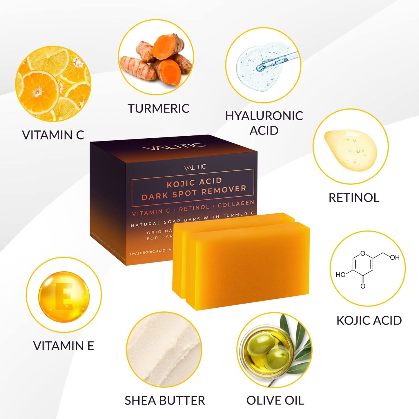 VALITIC Kojic Acid Dark Spot Remover Soap Bars with Vitamin C, Retinol, Collagen, Turmeric - Original Japanese Complex Infused with Hyaluronic Acid, Vitamin E, Shea Butter, Castile Olive Oil (2 Pack)