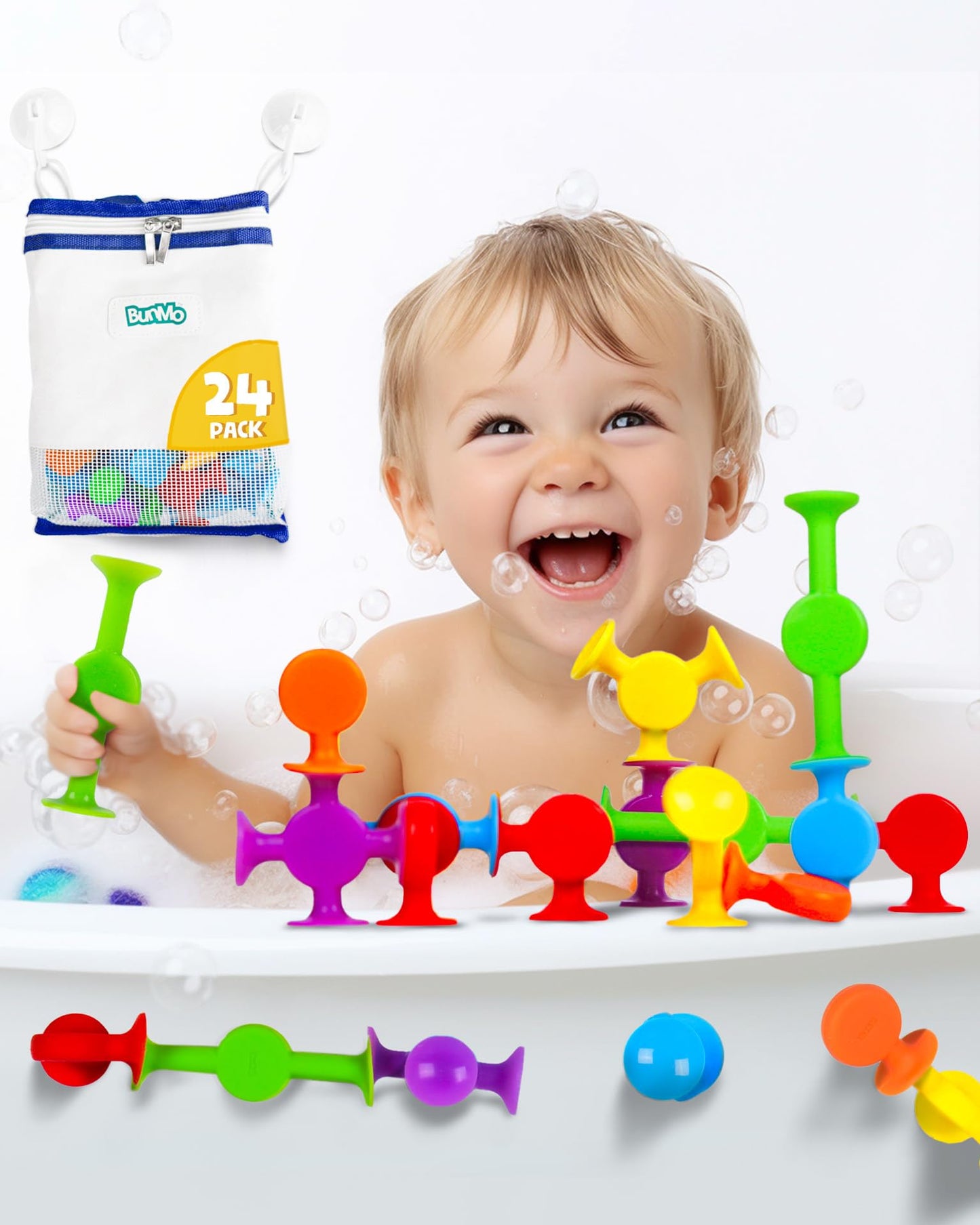 BUNMO Suction Bath Toys | Connect, Build, Create | No Mold Bath Toy | Hours of Fun & Creativity | Fine Motor Skills | Stimulating & Addictive Sensory Suction Toy | No Hole Bath Toy | Textured 10 Pack