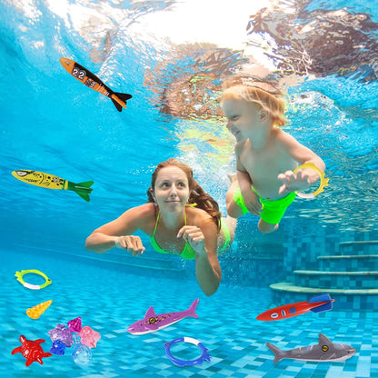 30 Packs Summer Pool Diving Swimming Essentials Toys for Kids, Fun Swim Games Sinking Set, Underwater Dive Gifts with Storage Bag Include Torpedo Gems Shark Rings Sea Animals for Boys Girls Toddlers