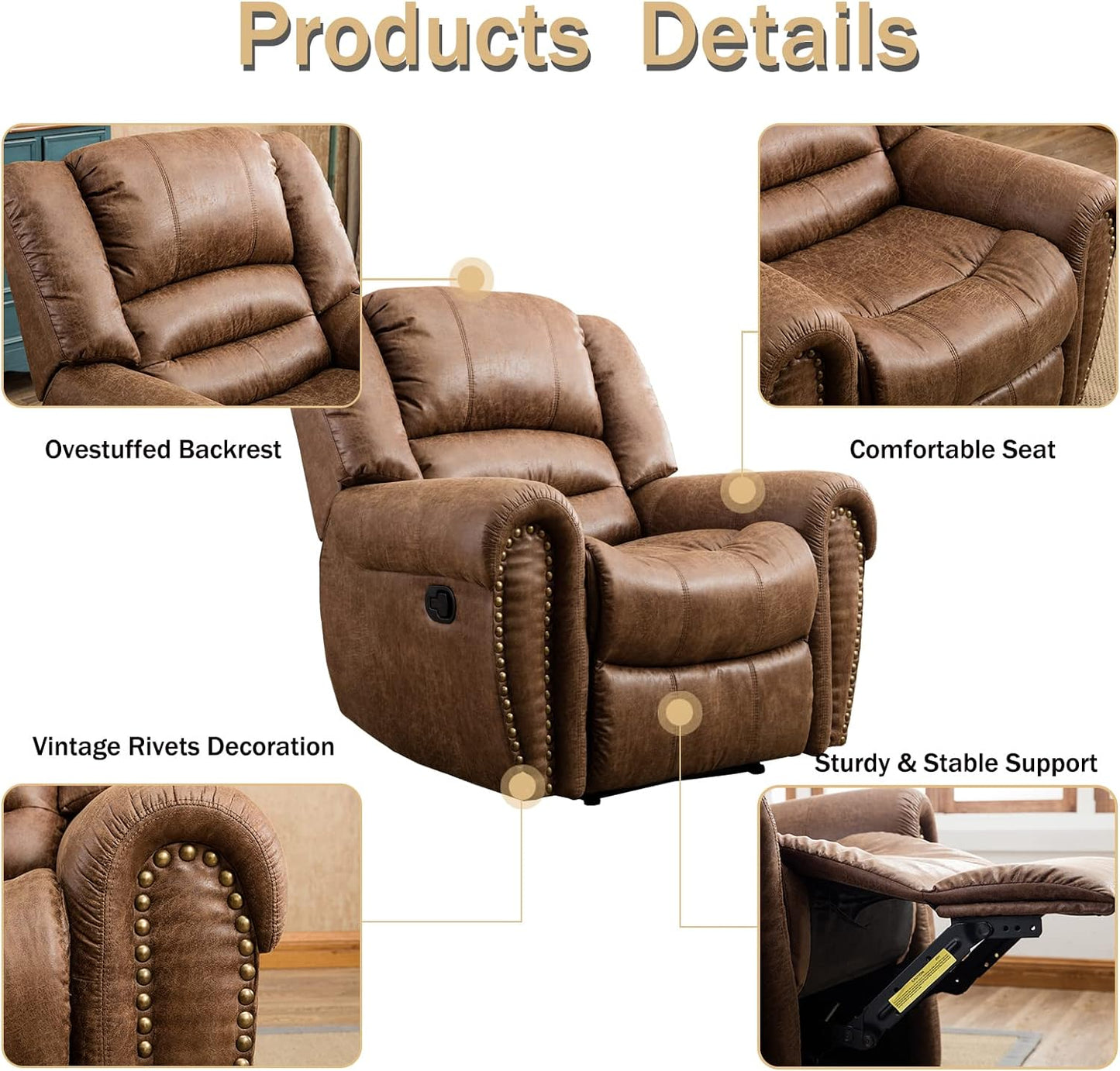 CANMOV Leather Recliner Chair, Classic and Traditional Manual Recliner Chair with Comfortable Arms and Back Single Sofa for Living Room, Nut Brown