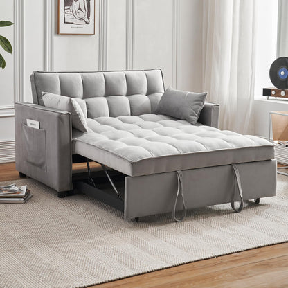 Convertible Sleeper Sofa Bed, Modern Velvet 3-in-1 Futon Couch Pullout Bed with Adjustable Backrest, Storage Pockets and Toss Pillows for Living Room, Bedroom (Grey)