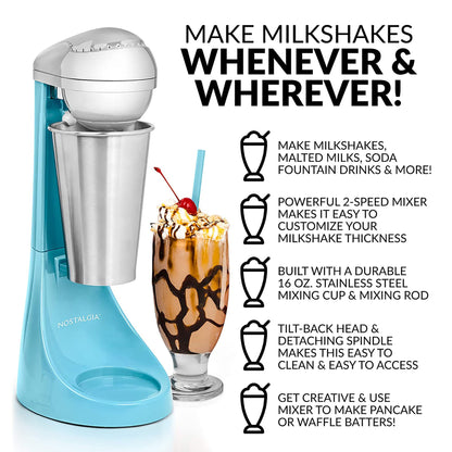 Nostalgia Two-Speed Electric Milkshake Maker and Drink Mixer, Includes 16-Ounce Stainless Steel Mixing Cup and Rod, Cream