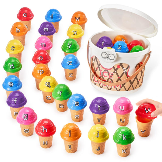 Ice Cream Preschool Learning Activities Counting and Color Sorting Set Stacking Toys for Kids 3-5, Alphabet Learning Toys, ABC Learning Toys in Upper & Lowercase, Montessori Fine Motor Skill