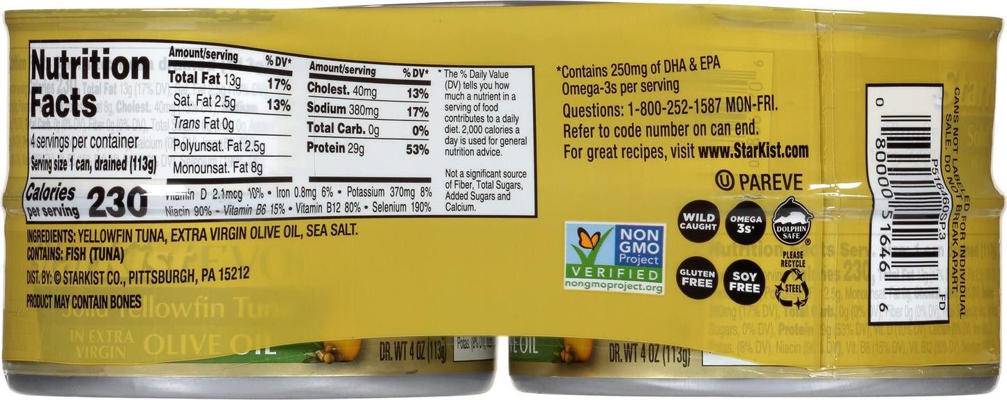 StarKist E.V.O.O. Solid Yellowfin Tuna in Extra Virgin Olive Oil, 4.5 oz (4 Pack) Canned Tuna Fish, Wild Caught, Gluten Free, Ready to Eat, Perfect for Salads, Keto Meals and Snacks