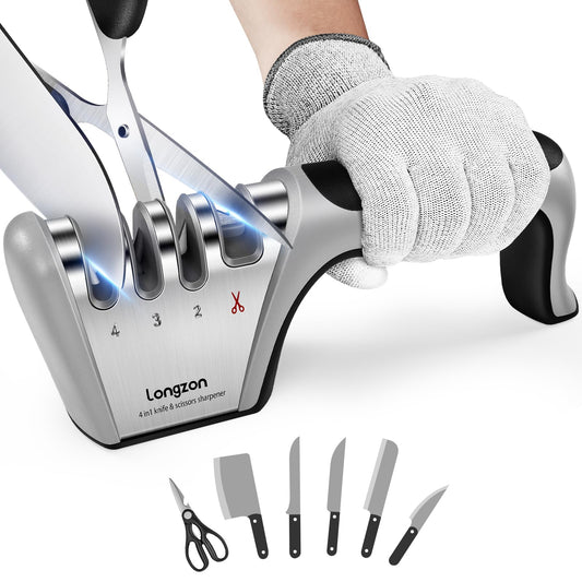 4-in-1 Knife Sharpener [4 stage] with a Pair of Cut-Resistant Glove, Original Premium Polish Blades, Best Kitchen Knife Sharpener Really Works for Fruit Knife and Steel Knives, Scissors.