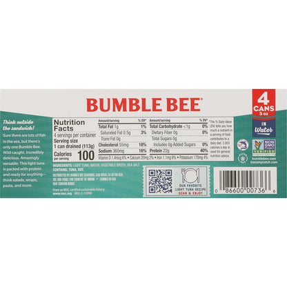 Bumble Bee Chunk Light Tuna In Water, 5 oz Cans (Pack of 24) - Wild Caught Skipjack Tuna - 23g Protein Per Serving - MSC Certified Sustainable Seafood, Non-GMO, Gluten Free, Kosher