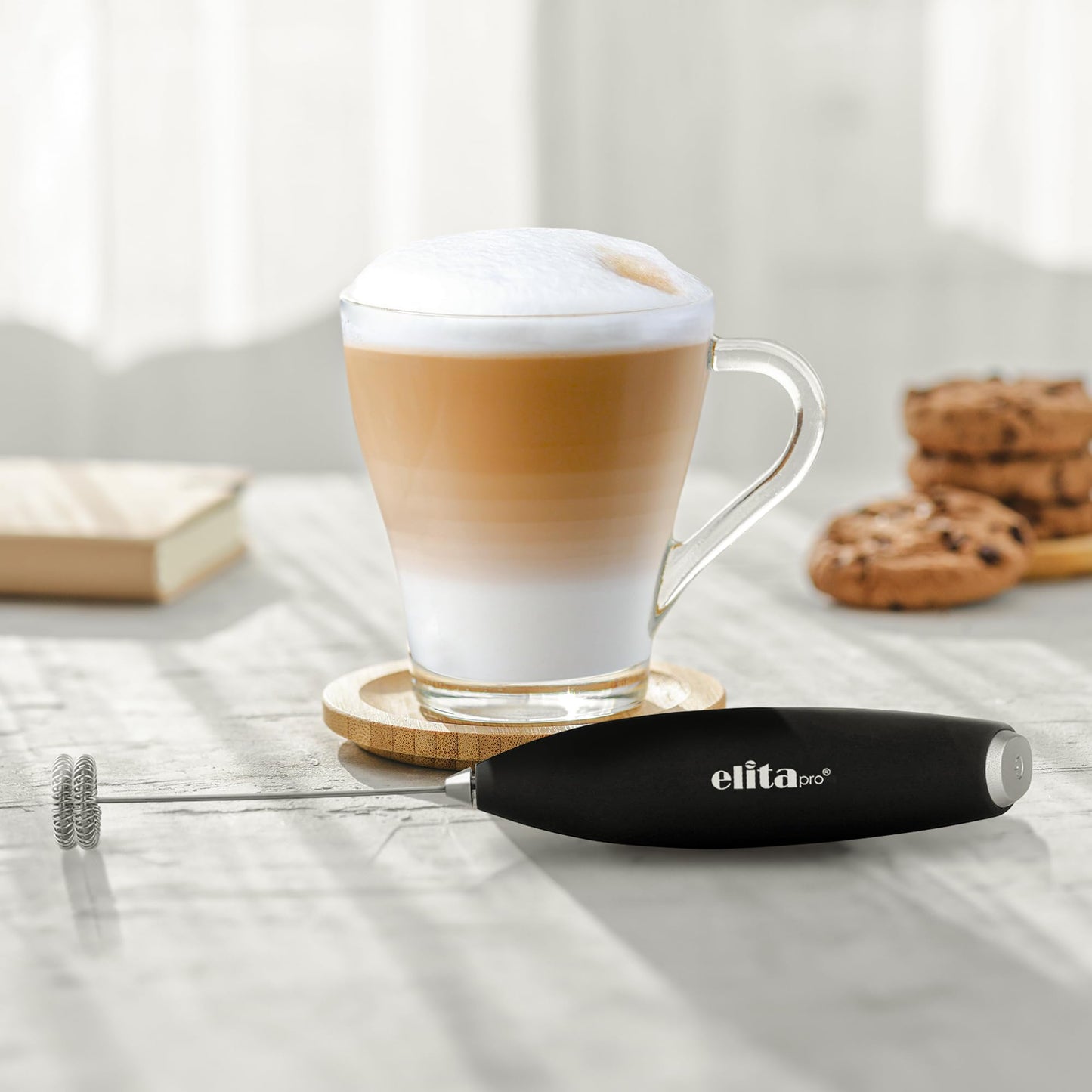 ElitaPro Powerful Milk Frother Wand - 2 in 1 Handheld Coffee Frother and Egg Beater - Mini Foam Maker With Stand - Whisk Drink Mixer & Foamer for Coffee, Latte, Matcha, Hot Chocolate (Exec Black)