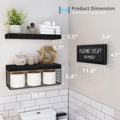 QEEIG ‎Bathroom Furniture Sets Shelves Over Toilet Paper Storage Wall Mounted Farmhouse Decor Decorations Aesthetic Décor Sign Small Floating Wall Shelf 2+1 Set 16 inch, Grey (020GY)