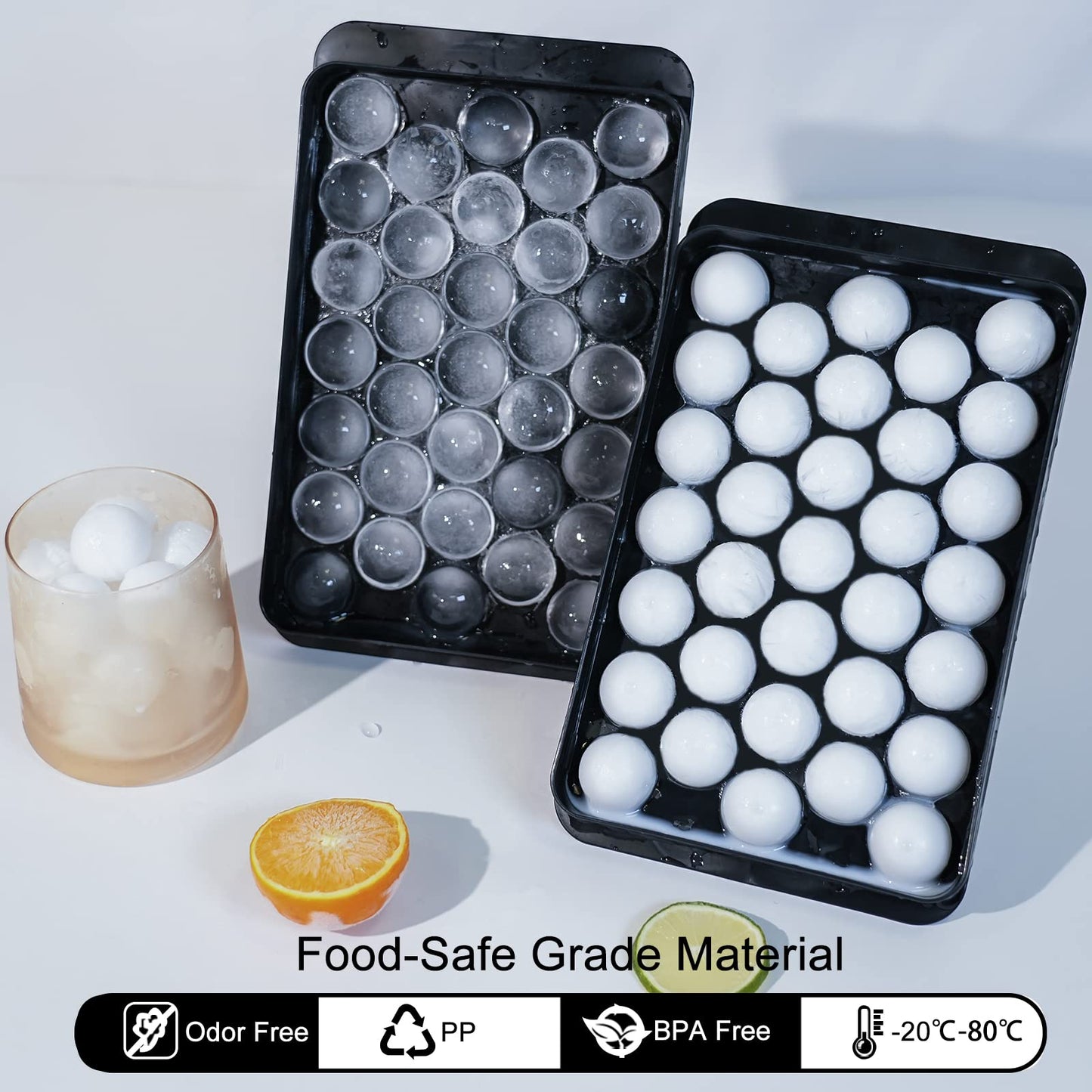 WIBIMEN Ice Cube Tray with Lid & Bin, 0.8inx66 Ice Ball Maker Mold for Freezer with Container Ice Trays Making Sphere Ice Chilling Cocktail Tea Coffee (2 Black Trays 1 Ice Bucket & Scoop)