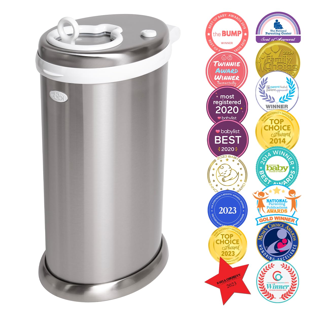 Ubbi Steel Diaper Pail, Odor Locking, No Special Bag Required, Award-Winning, Registry Must-Have, White