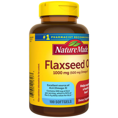 Nature Made Flaxseed Oil 1000 mg, Fish Free Omega 3 Supplement, Dietary Supplement for Heart Health Support, 100 Softgels, 100 Day Supply