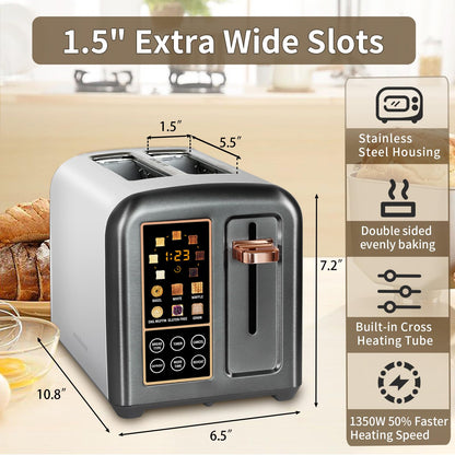 SEEDEEM Toaster 2 Slice, Stainless Toaster LCD Display&Touch Buttons, 50% Faster Heating Speed, 6 Bread Selection, 7 Shade Setting, 1.5''Wide Slot, Removable Crumb Tray, 1350W, Dark Metallic