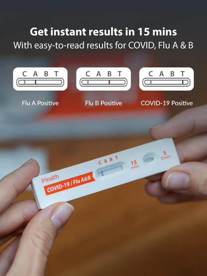 iHealth COVID-19, Flu A&B 3-in-1 Antigen Rapid Test, Results in 15 Minutes, FDA Authorized OTC Flu & COVID Home Test, with Non-invasive Nasal Swab, Easy to Use & No Discomfort (1 Pack, 2 Tests Total)