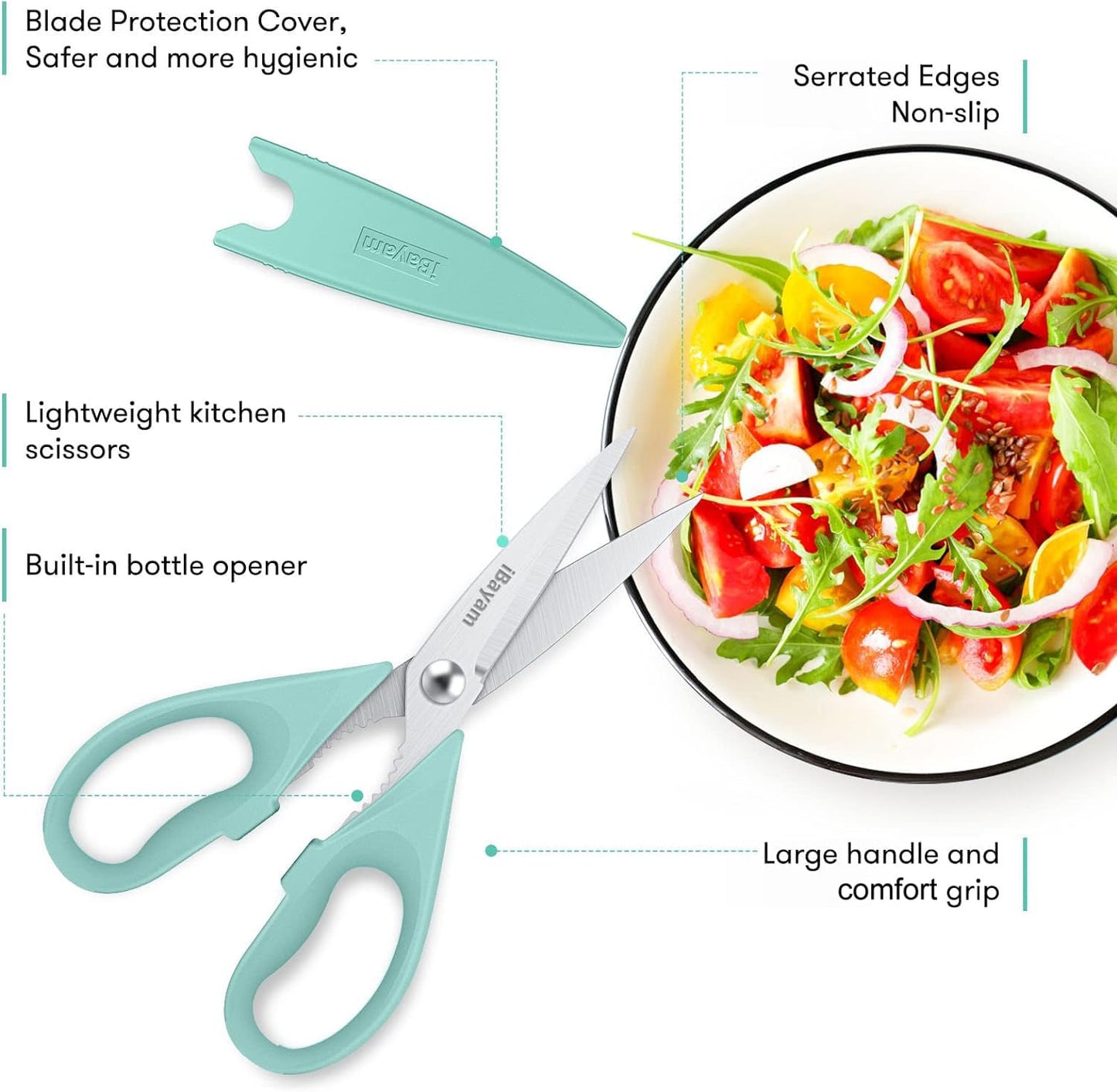 Kitchen Shears, iBayam Kitchen Scissors All Purpose Heavy Duty Meat Scissors Poultry Shears, Dishwasher Safe Food Cooking Scissors Stainless Steel Utility Scissors, 2-Pack, Black, Aqua Sky