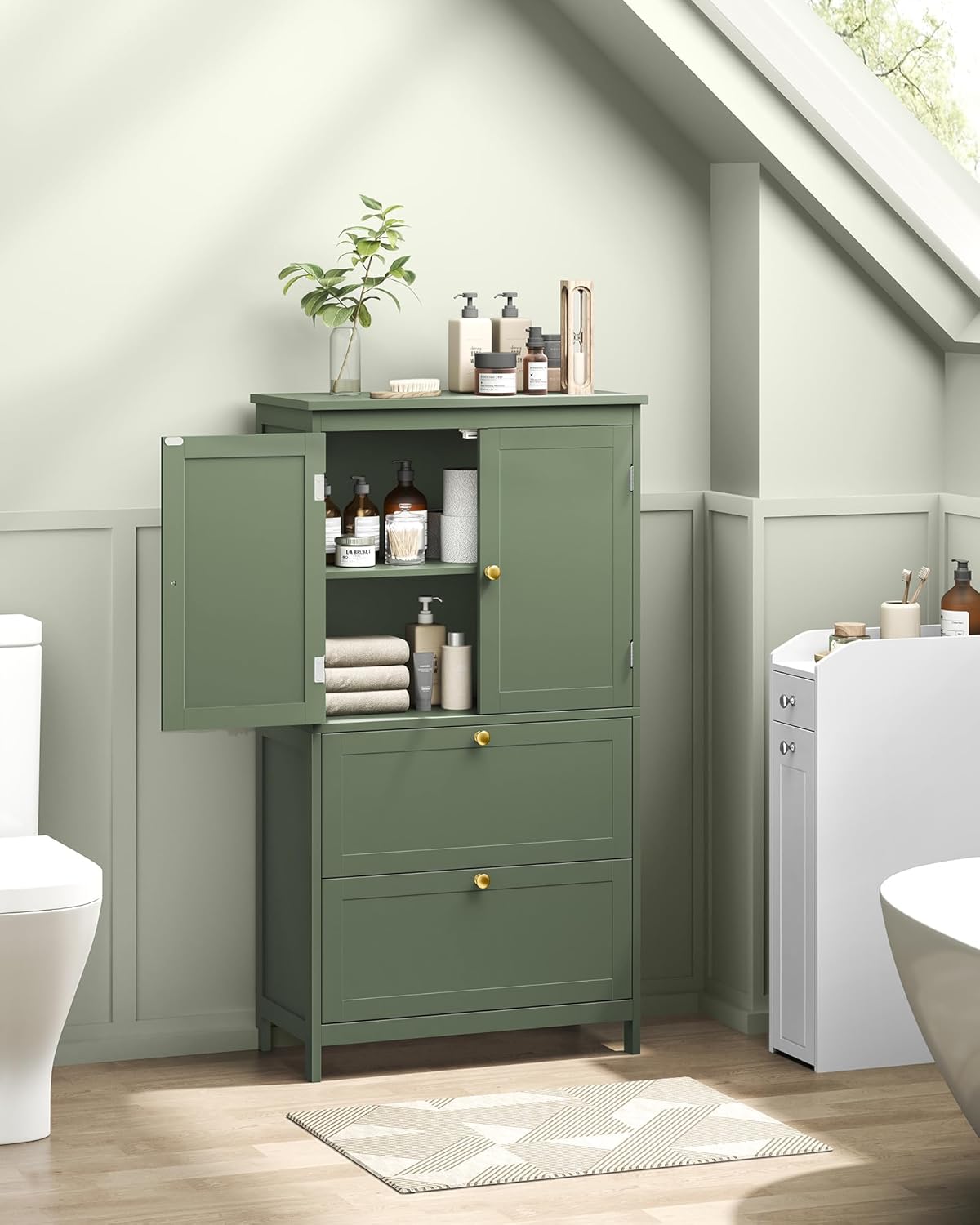 VASAGLE Bathroom Floor Storage Cabinet, Bathroom Storage Unit, Freestanding Cabinet with 2 Drawers and 2 Doors, Adjustable Shelf, 11.8 x 23.6 x 43.3 Inches, Forest Green UBBC551C01