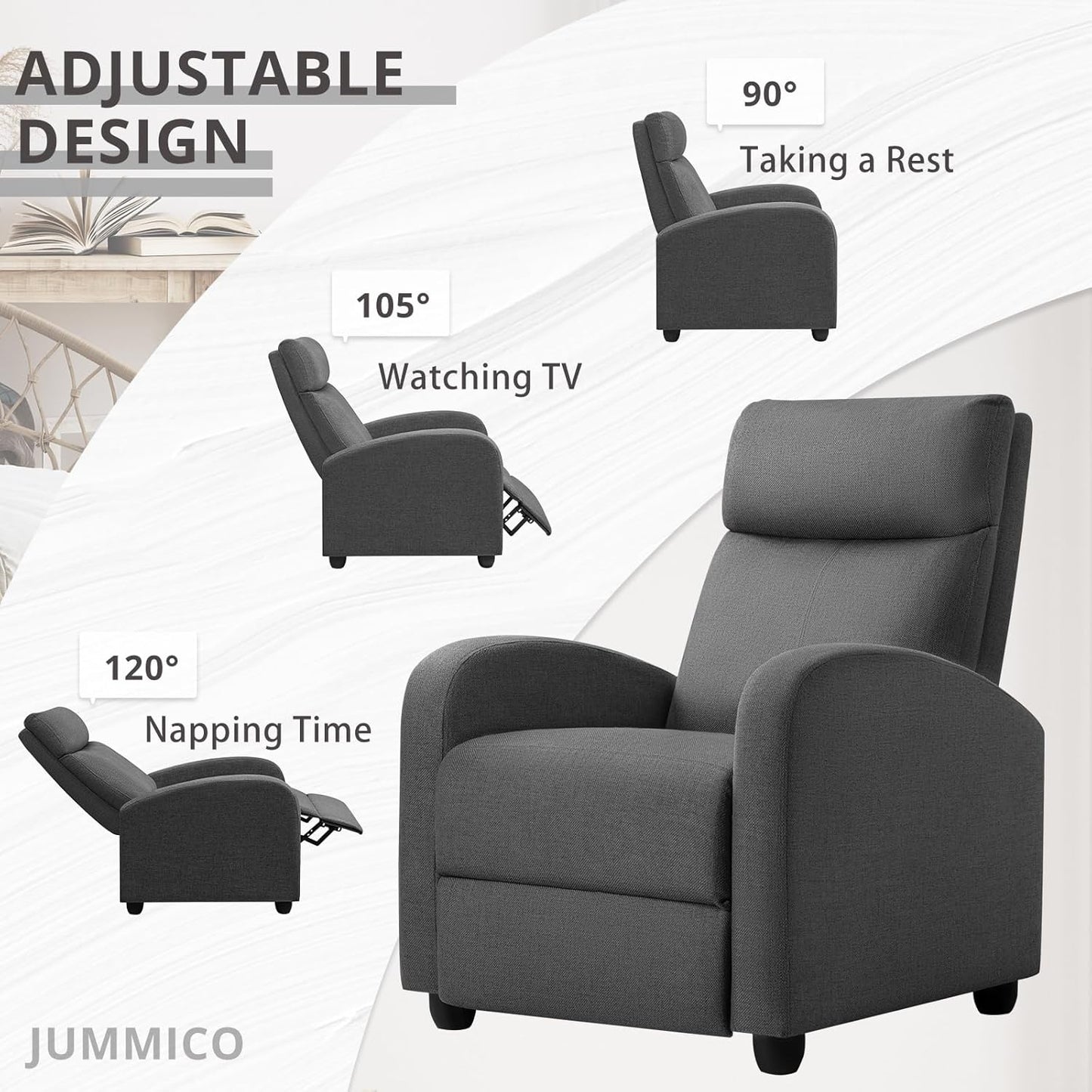 JUMMICO Recliner Chair Adjustable Home Theater Single Recliner Sofa Furniture with Thick Seat Cushion and Backrest Modern Living Room Recliners (Fabric, Aurora Grey)