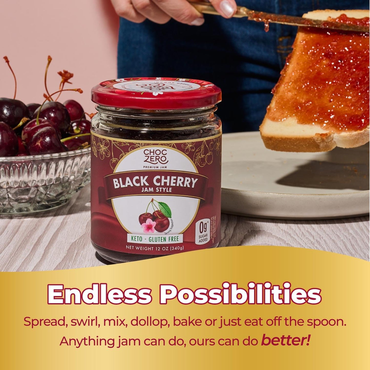 Keto Strawberry Jam, No Sugar Added - Monk Fruit Sweetened, Gluten Free Spread from ChocZero, 12 oz