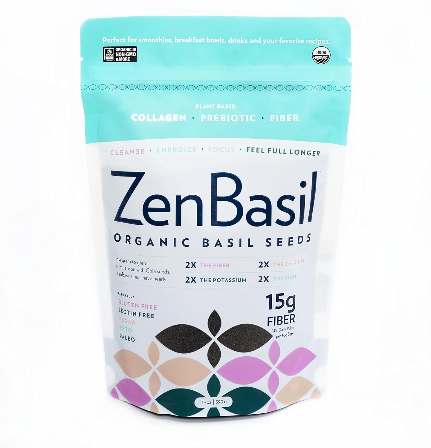 Zen Basil Seeds | Edible Basil Seeds USDA Organic, Kosher, Non-GMO, lectin Free, Gluten Free, Plant Based, Keto, Paleo, Vegan | 15g Fiber per/serv | 14oz | More Fiber Than chia Seeds | prebiotic