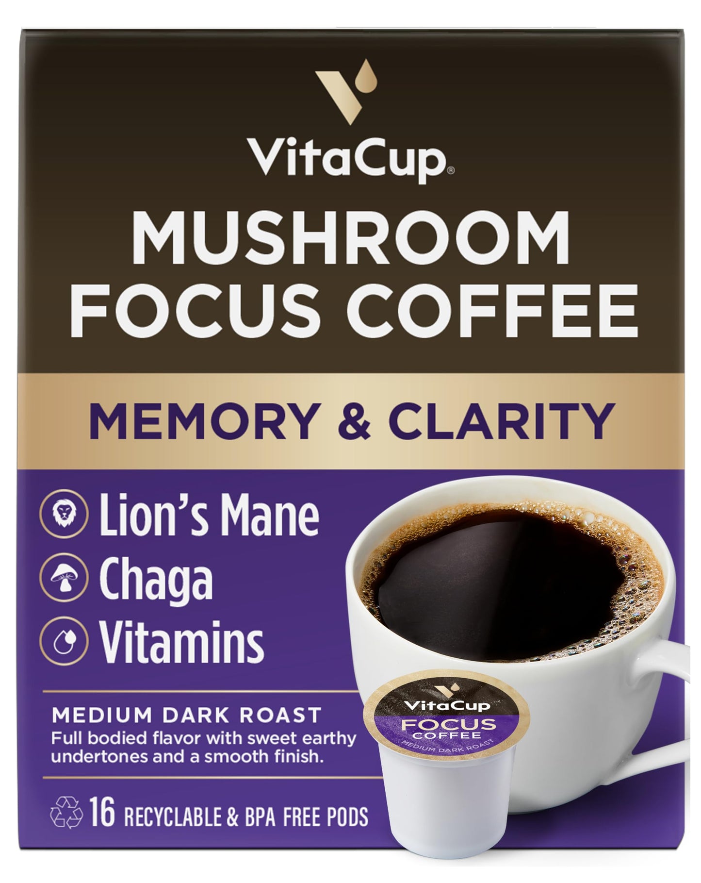 VitaCup Mushroom Coffee Pods - Boost Focus & Immunity with Lions Mane, Chaga, Vitamins, for Memory & Clarity, Recyclable K-Cup Pods, 16 Ct