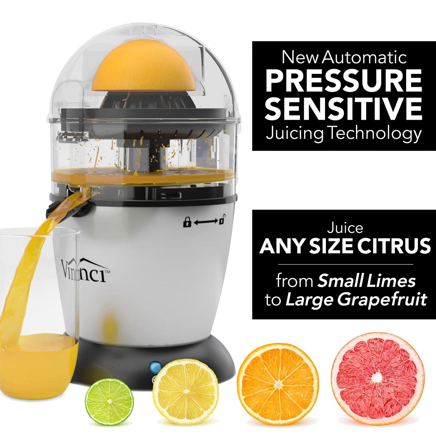 Vinci Hands Free Electric Citrus Juicer, 1-Button Juicer Machine, Orange Lime Grapefruit Lemon Squeezer, Easy to Clean Orange Juicer Squeezer, Black/Stainless Steel