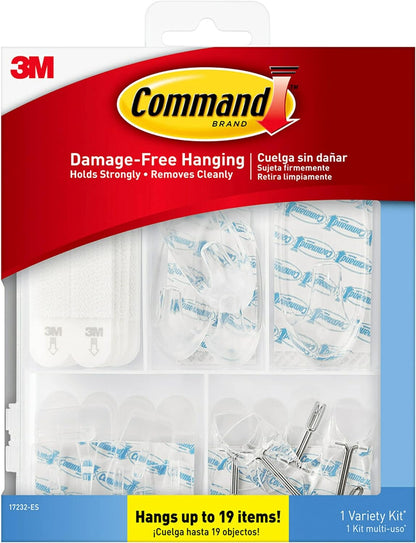 Command Variety Pack, Picture Hanging Strips, Wire Hooks and Wall Hooks, Damage Free Hanging Clear Variety Pack for Up to 19 Items, 1 Kit