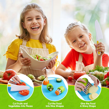 Kids Knife Set for Real Cooking Toddler Kitchen Tools Include 4 Serrated Edges Plastic Safe Knives,Crinkle Cutter Y Peeler Cutting Boards Wood Kids Knife, Kitchen Gloves, Fruit Forks and Dough Cutters