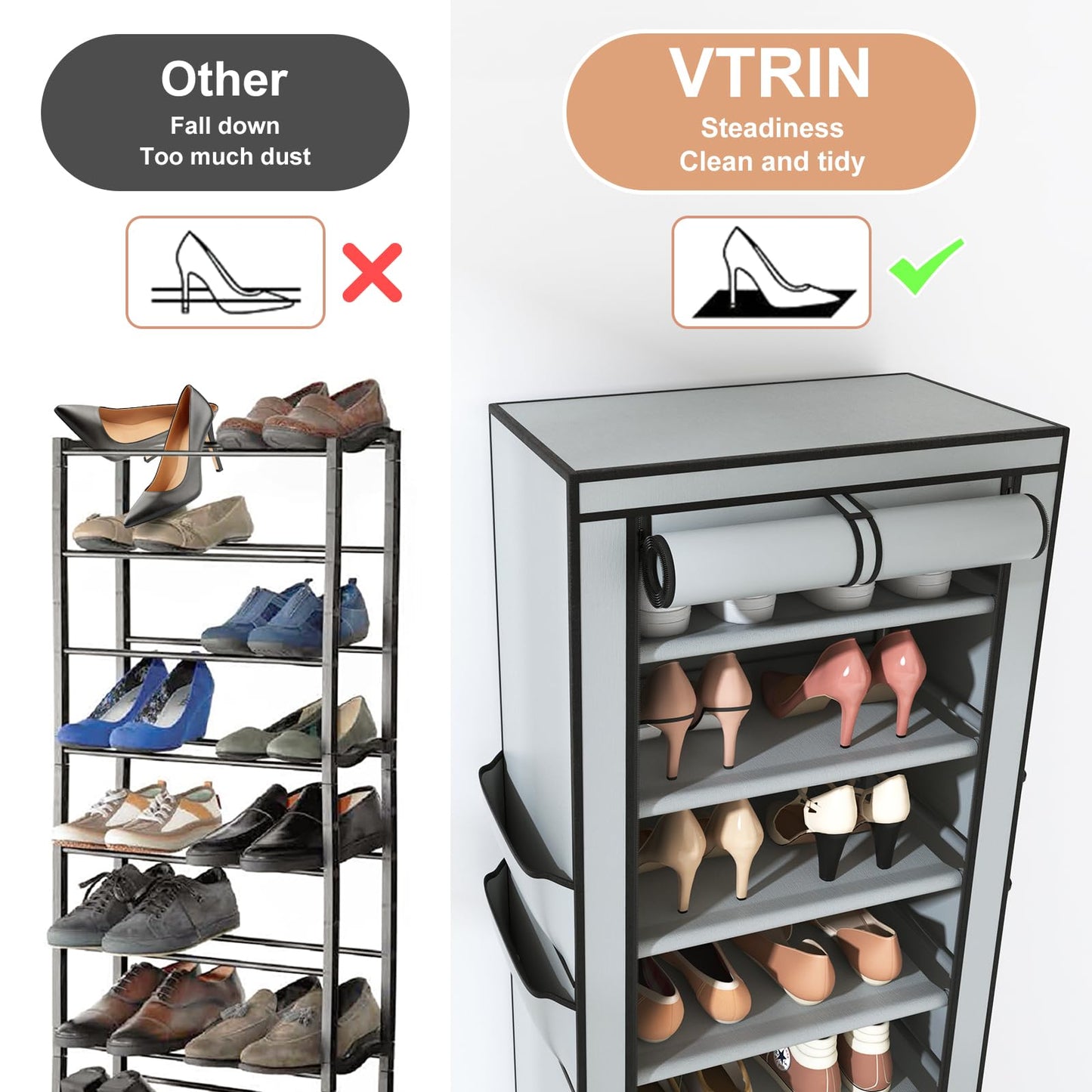 VTRIN Vertical Narrow Shoe Rack Organizer Tall Shoe Rack for Closet Entryway 10 Tier Non-Woven Cover Shoe Shelf Holds 20-22 Pairs Fr