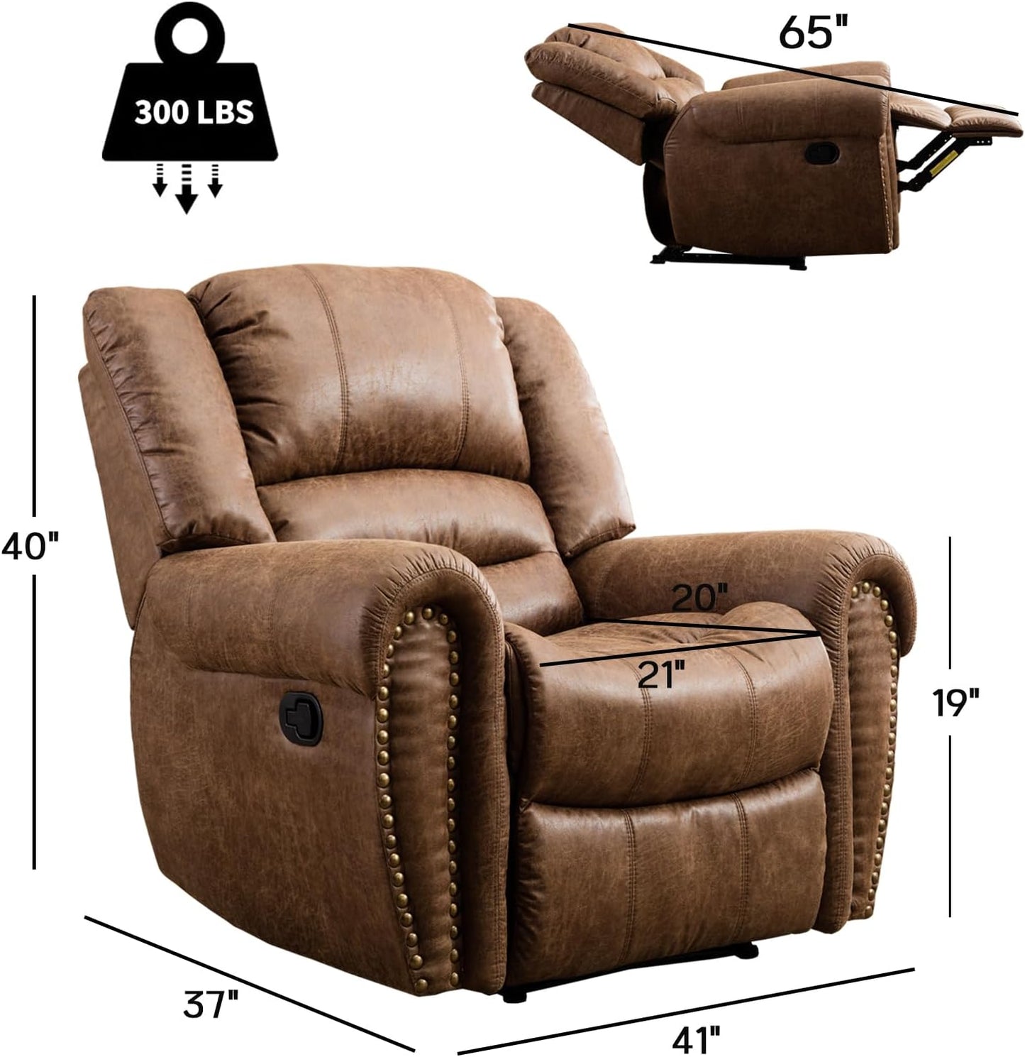 CANMOV Leather Recliner Chair, Classic and Traditional Manual Recliner Chair with Comfortable Arms and Back Single Sofa for Living Room, Nut Brown