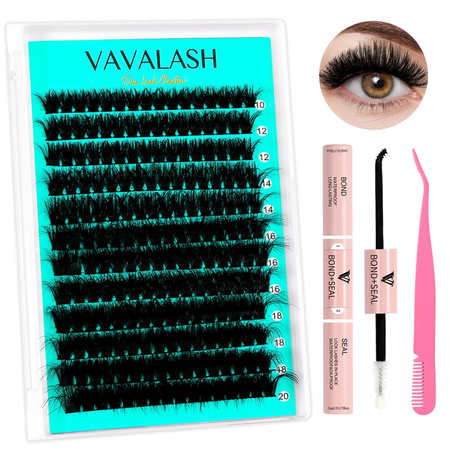 VAVALASH DIY Lash Extension Kit 280 Clusters Individual Lashes Kit 30D 40D 0.07D-10-16mm Lash Clusters, Lash Bond and Seal, Lash Tweezer for DIY Eyelash Extension at Home（Kit-30D+40D-0.07D-10-16MIX）