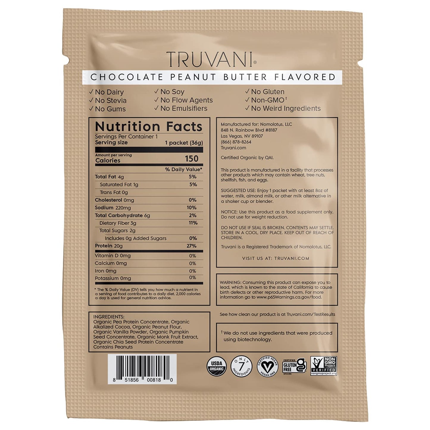 Truvani Vegan Pea Protein Powder | Banana Cinnamon | 20g Organic Plant Based Protein | 1 Serving | Keto | Gluten & Dairy Free | Low Carb | No Added Sugar