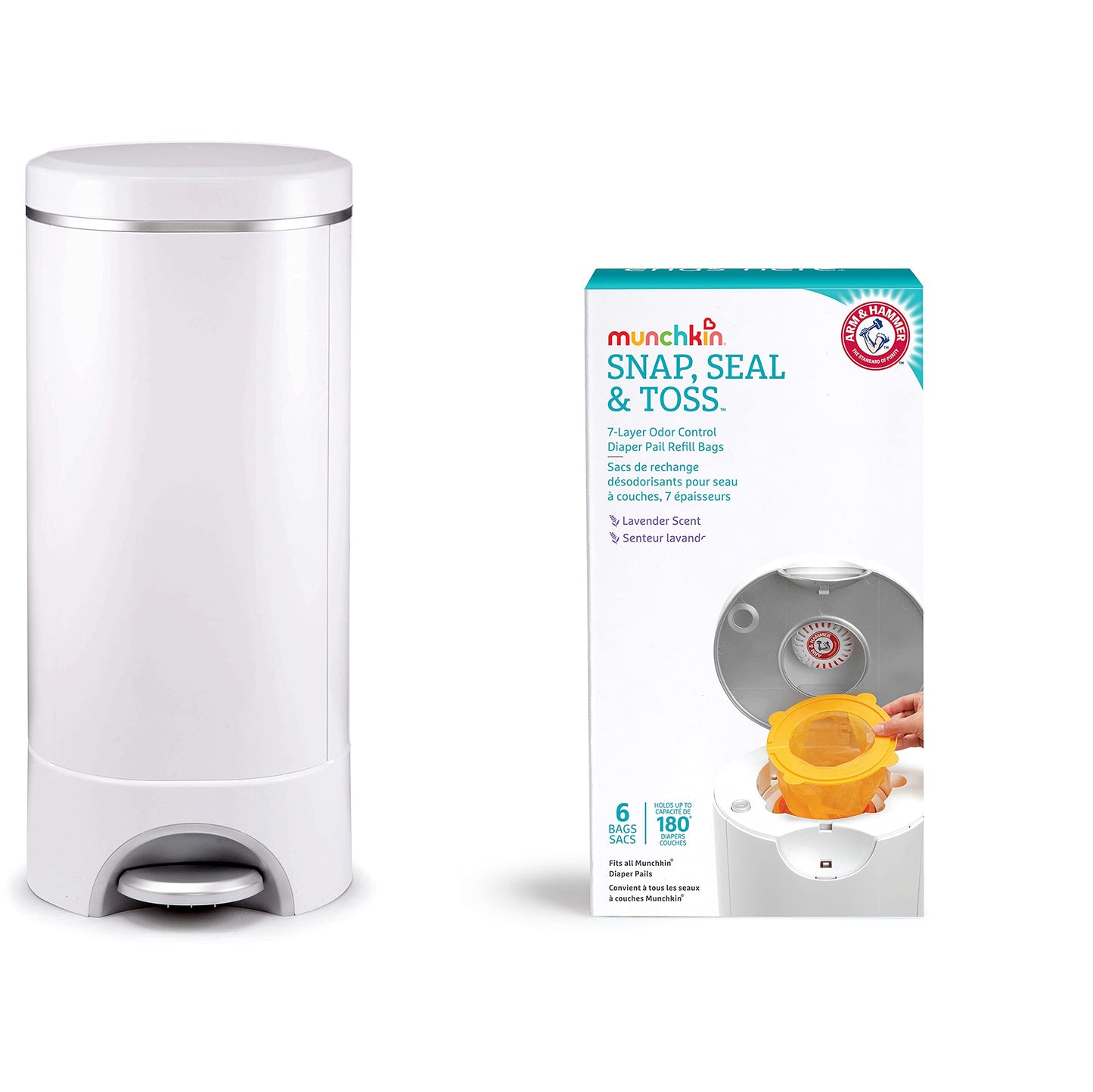 Munchkin® STEP™ Diaper Pail Powered by Arm & Hammer, #1 in Odor Control, Award-Winning, Includes 1 Snap, Seal & Toss™ Bag, 1 Starter Refill Ring, and 1 PUCK™ Baking Soda Cartridge