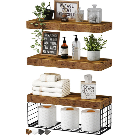 QEEIG Bathroom Shelves Over Toilet Wall Mounted Floating Shelves Farmhouse Shelf Toilet Paper Storage Small 16 inch Set of 3, Rustic Brown (019-BN3)