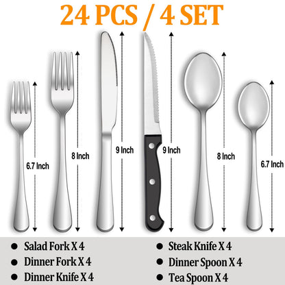 24 Pcs Silverware Set with Steak Knives Service for 4,Stainless Steel Flatware Set,Mirror Polished Cutlery Utensil Set,Home Kitchen Eating Tableware Set,Include Fork Knife Spoon Set,Dishwasher Safe