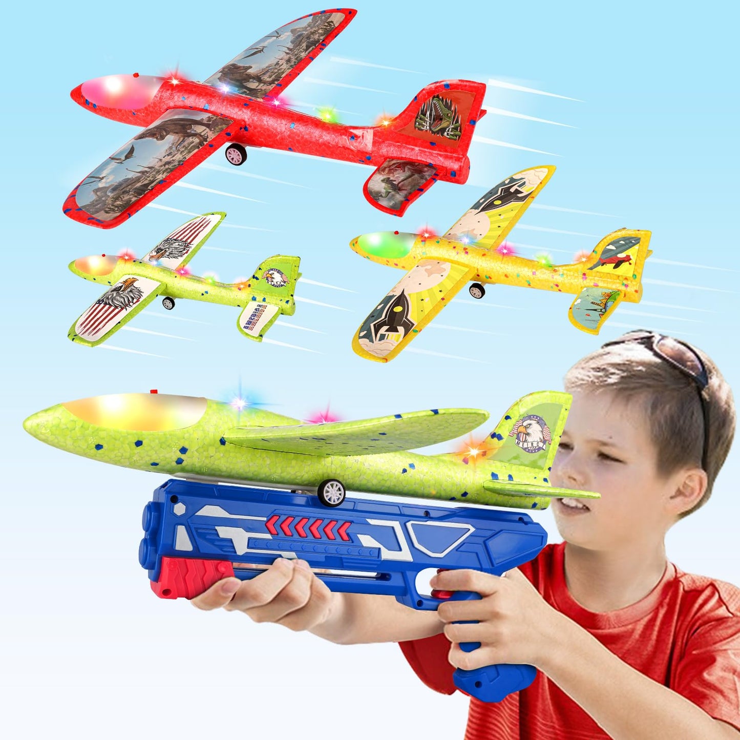 3 Pack Dinosaur Airplane Launcher Toys for Kids, Foam Airplanes for Kids Boys Toys with Stickers, Outdoor Flying Toys Birthday Gifts for 4 5 6 7 8 9 10 12 Year Old Boys Girls.