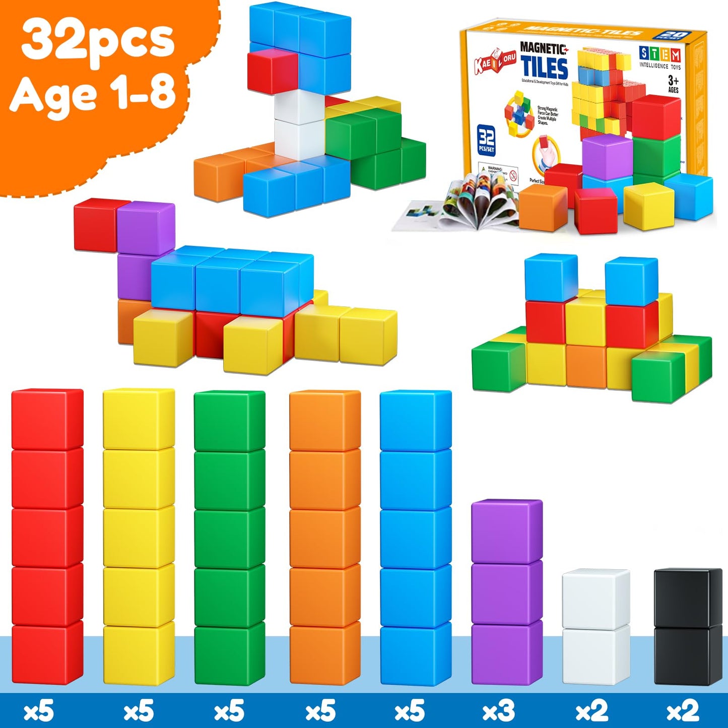 Magnetic Blocks,32PCS Magnetic Building Blocks for Toddlers Age 3-5 Magnet Cubes Toys STEM Educational Sensory Montessori Toys 1-3 Christmas Birthday Gifts for Kids Ages 3 4 5 6 Year Old Boys Girls